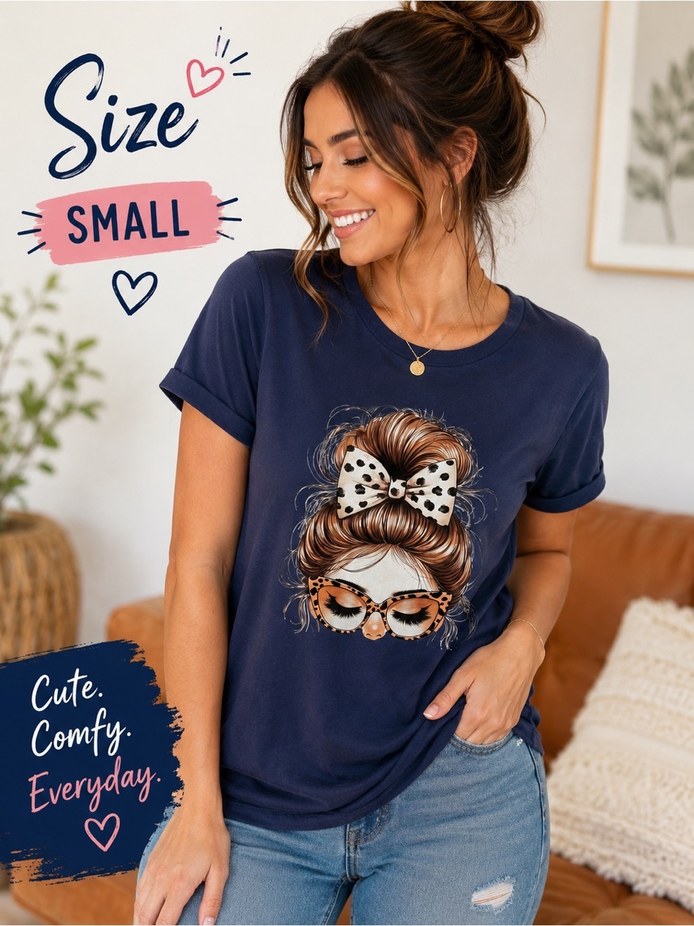 J. Crew Navy Graphic Tee with Bow & Glasses SMALL